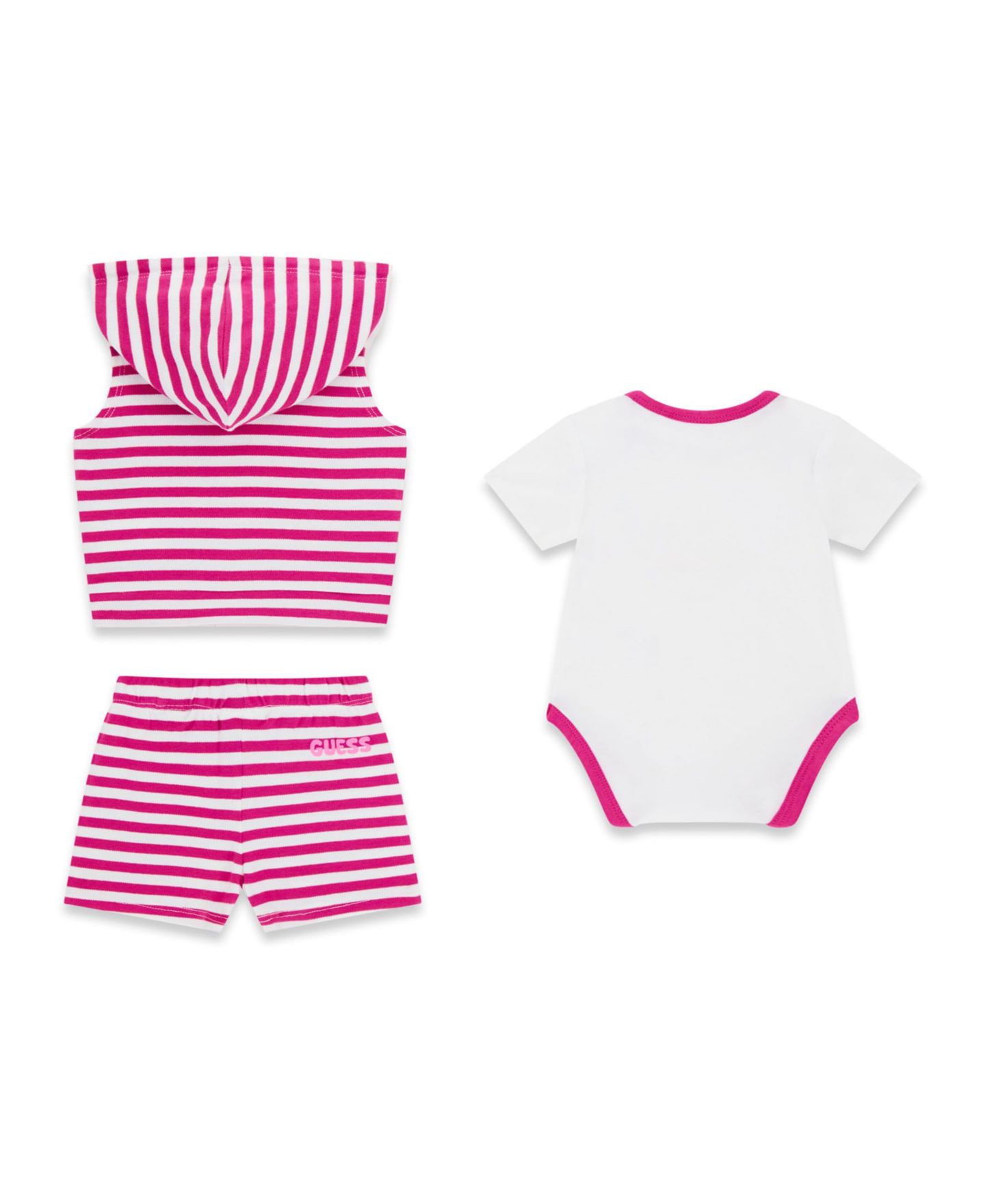 Детский комплект Guess для девочки: жилет с капюшоном, боди и шорты, цвет: Розовый / Белый — фото 2