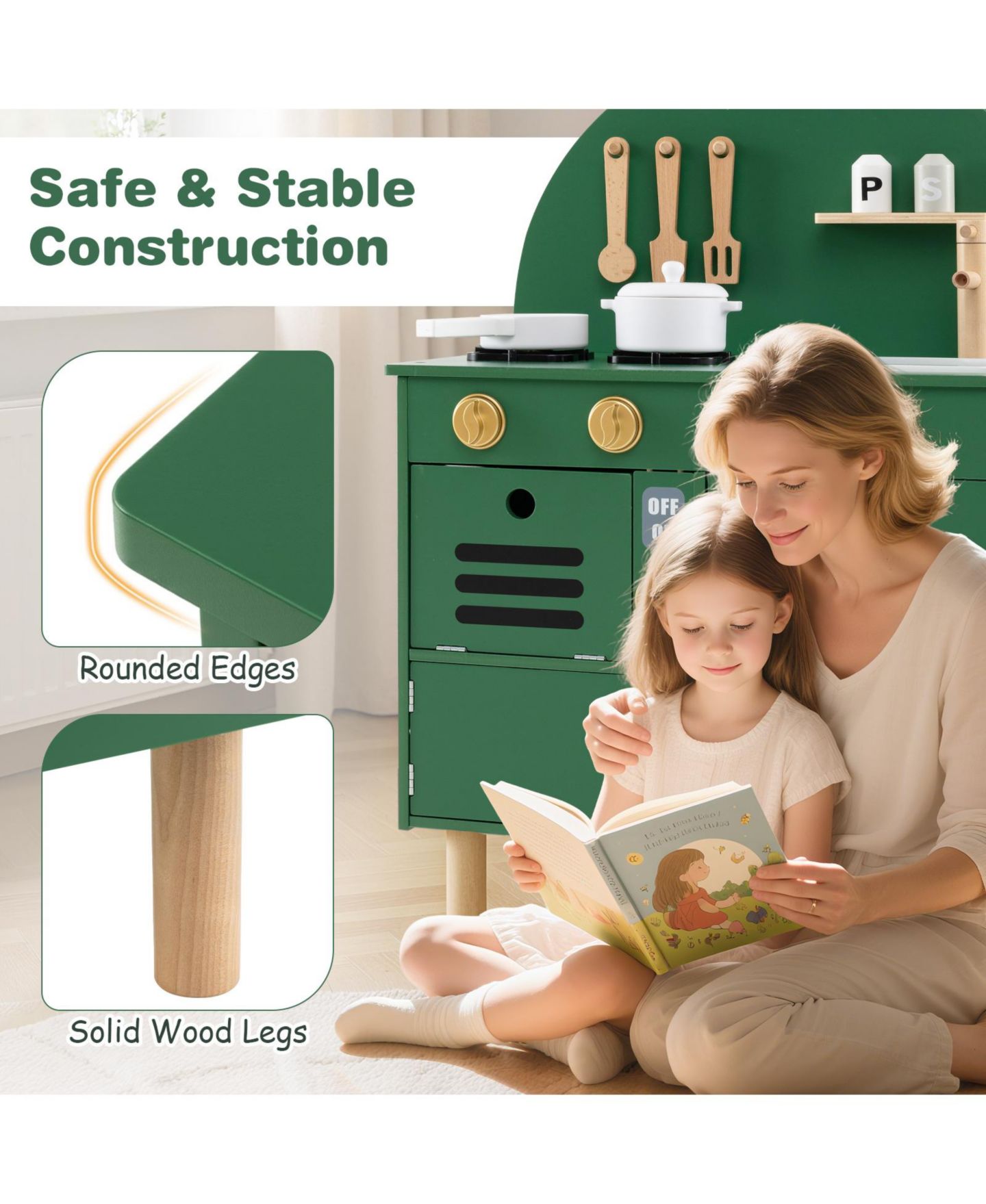 Детская игрушка Mecale Wooden Play Kitchen with Stove, Microwave, Oven, and Sink, Ages 3+, цвет: Зелёный — фото 5