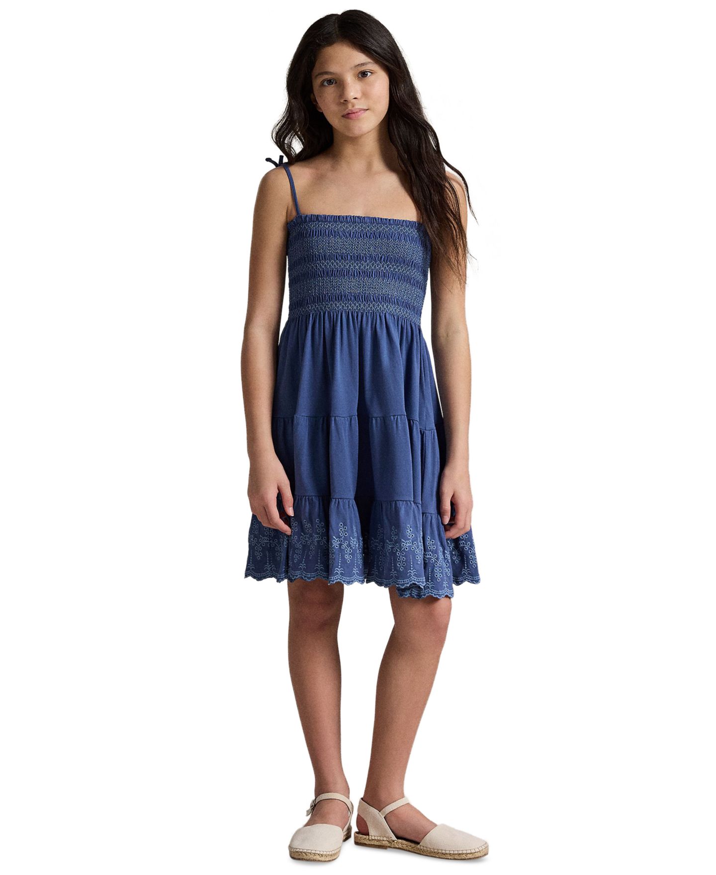 Платье Polo Ralph Lauren Smocked Eyelet Cotton Jersey Dress для девочек, цвет: Земляной синий — фото 1