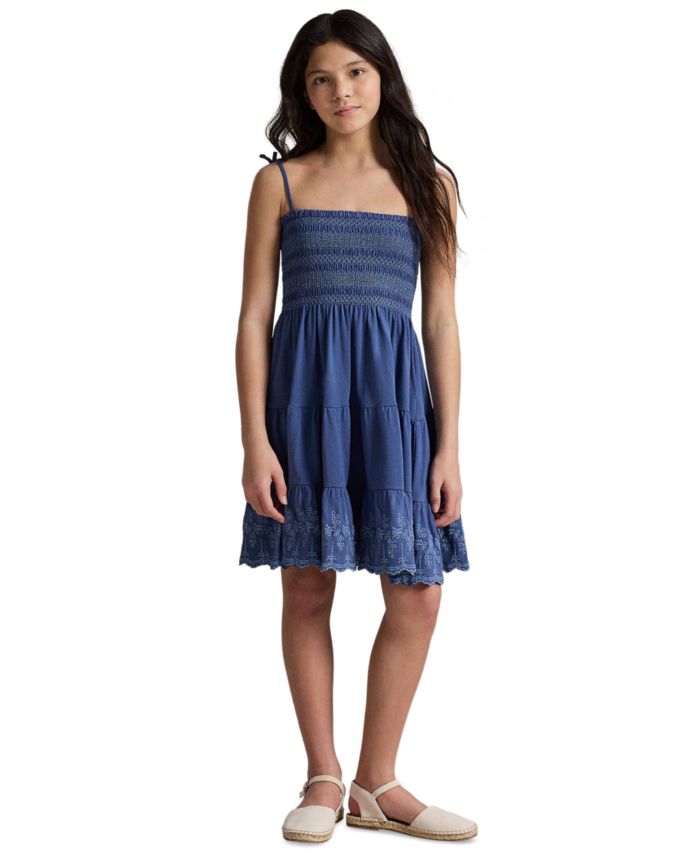 Polo Ralph Lauren Girls' 7-16 Smocked Eyelet Cotton Jersey Dress