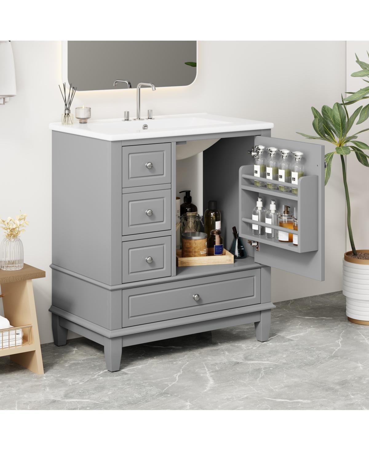 Sillysis 30'' Bathroom Vanity with Ceramic Sink, Solid Wood Frame, Multi-Drawer Storage & Soft Close Door for Modern Bathrooms