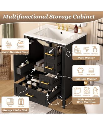24" Black Bathroom Vanity with Ceramic Sink, Modern Freestanding Solid Wood MDF Cabinet, 3 Drawers Soft Close Door for Small Spaces