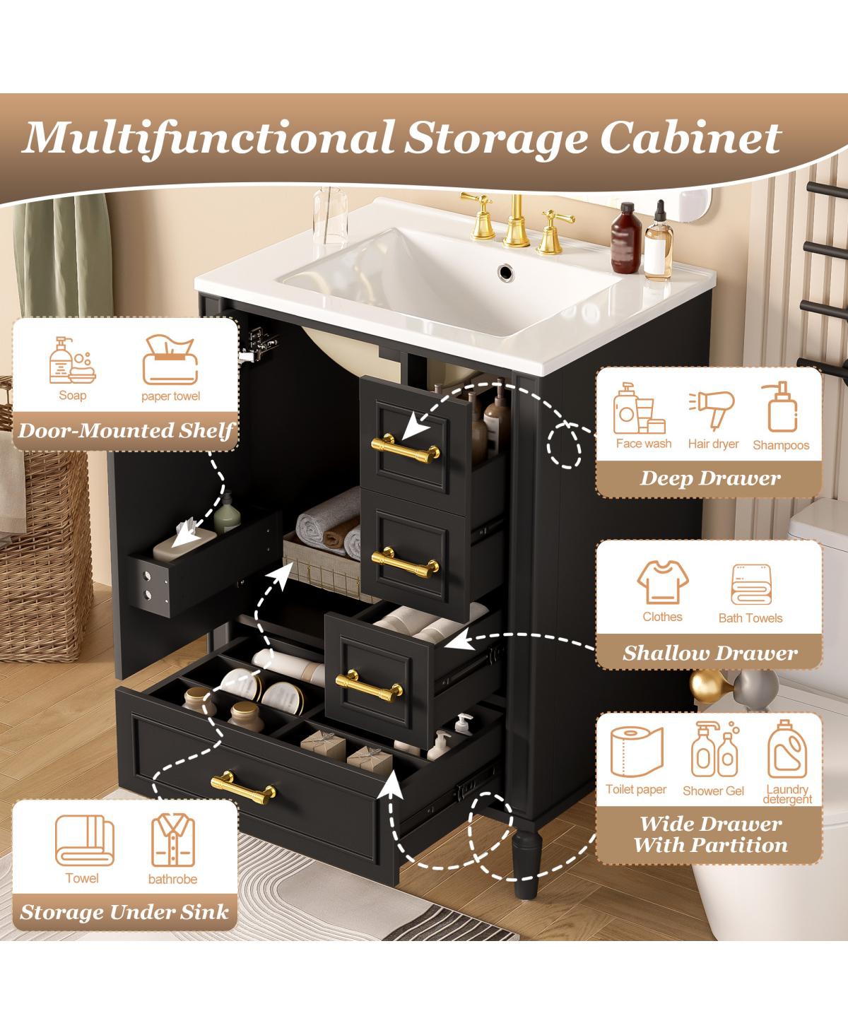 Sillysis 24" Black Bathroom Vanity with Ceramic Sink, Modern Freestanding Solid Wood Mdf Cabinet, 3 Drawers Soft Close Door for Small Spaces