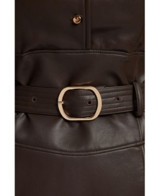 Women's Faux Leather Belted Midi Dress