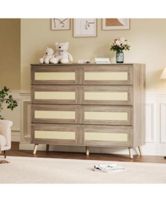 MilleLoom Rattan 8 Drawer Dresser for Bedroom, Wooden Dressers & Chests of Drawers, Modern Farmhouse Storage Organizer for Closet, Entryway