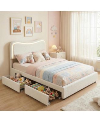 Boucle Bed Frame with 2 Storage Drawers, Upholstered Platform Bed with LED Headboard and Solid Wood Slats