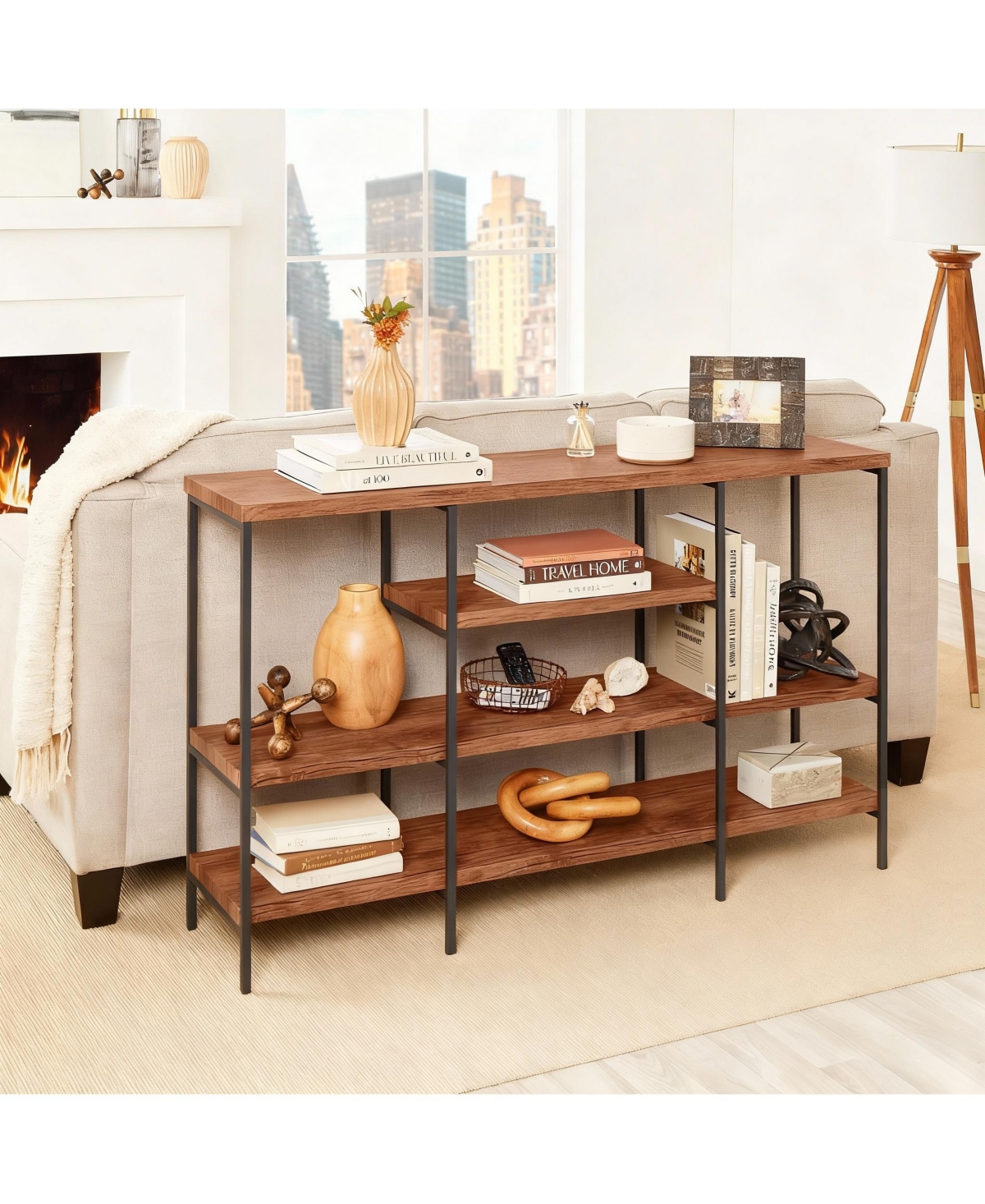 Yigii 4-Tier 55" Rustic Industrial Console Table for Living Room Decor