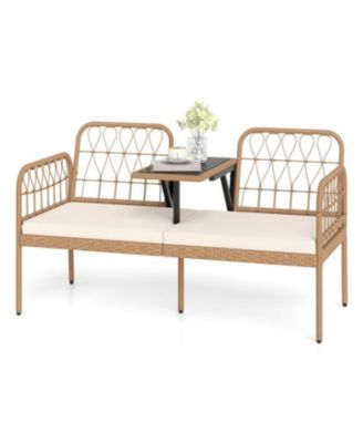 Patio 2-Seater Rattan Loveseat with Coffee Table and Soft Cushions