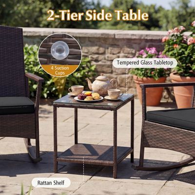 3 PCS Patio Rocking Set Wicker Rocking Chairs with 2-Tier Coffee Table