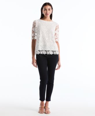 Petite Scalloped Elbow-Sleeve Lace Top