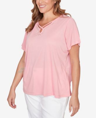 Plus Size Solid Short-Sleeve Top with Keyhole Neckline