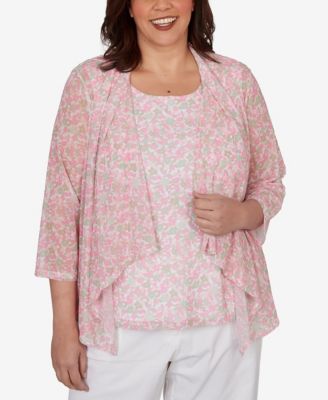 Plus Size Printed Mesh 3/4-Sleeve Cascade Cardigan Sweater