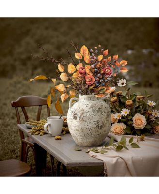 Rustic Antiqued Terracotta Vase, 10.4-Inch Round Bouquet Holder for Farmhouse Decor