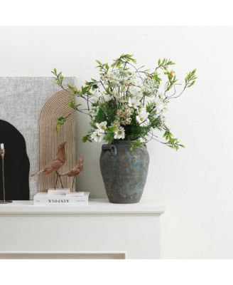 Antiqued Blue & Brown Terracotta Vase with Handles, 12" Tall Farmhouse Vintage Pottery