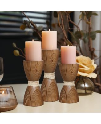 3-Piece Pine Wood with Rattan Pillar Candle Holder Set