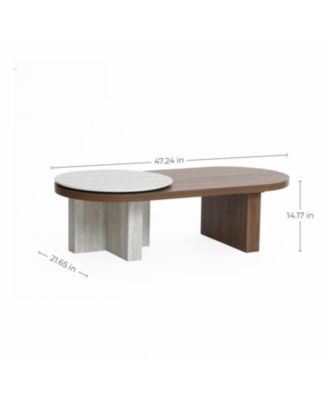 Travertine-Style and Walnut Finish MDF Wood Oval Coffee Table