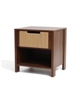 Walnut Finish MDF Wood with Rope Front 1-Drawer Nightstand and End Table