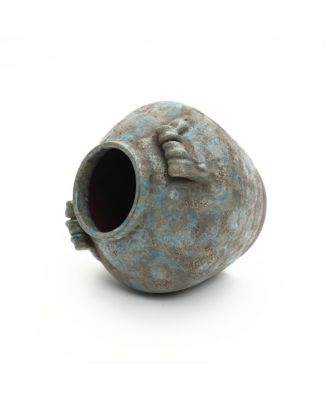 Antiqued Blue & Brown Terracotta Vase with Handles, 11" Round Farmhouse Vintage Pottery