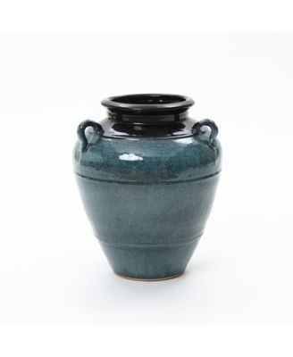 Ocean Blue Ceramic Vase with Handles, 15.75" Tall Amphora Pot for Rustic or Coastal Decor