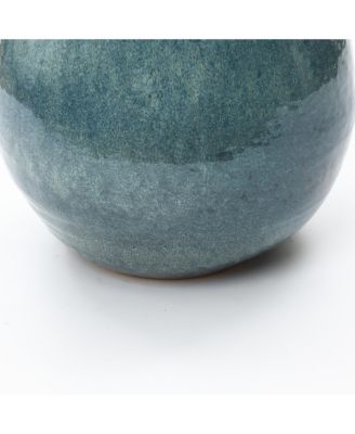 Ocean Blue Ceramic Vase with Handles, 17.5" Tall Rounded Pot for Rustic or Coastal Decor