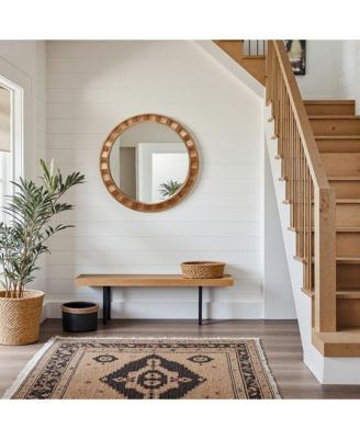 Natural Wood Frame Round Wall Mirror, 28” Rustic Wooden Decor