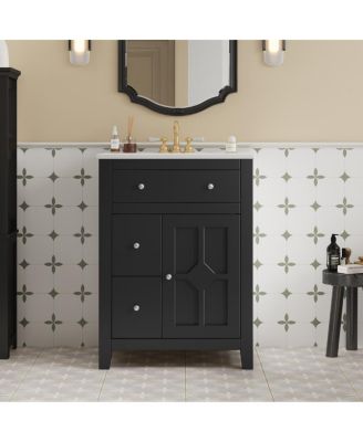 24" Bathroom Vanity with Ceramic Basin, Modern Cabinet with 2 Drawers, Soft-Closing Door & Adjustable Shelf for Small Bathrooms