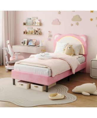 Twin Bed Frame, Kids Upholstered Platform Bed Frame with Adjustable Headboard & Led Light, Wooden Slats Support, No Box Spring Needed