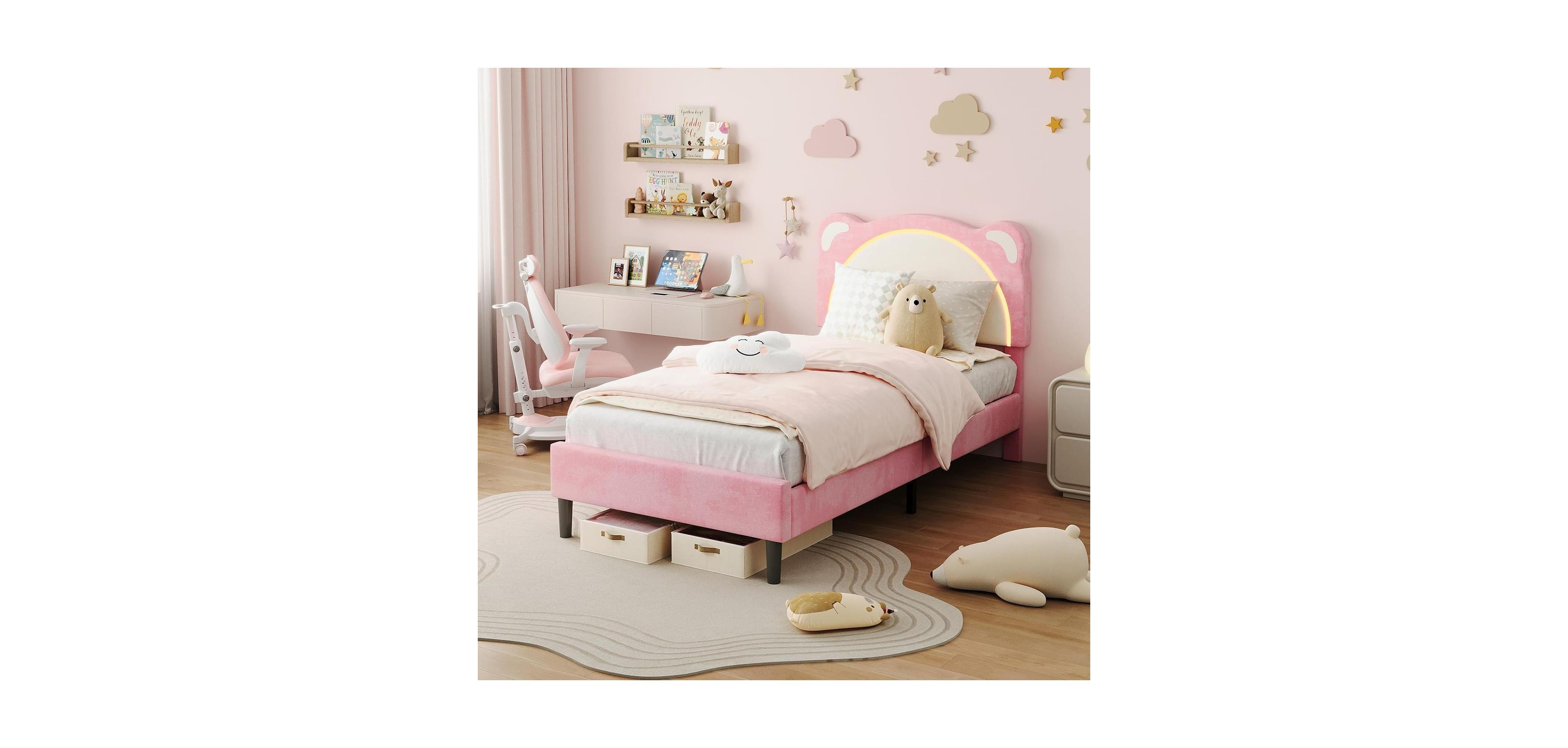 gaomon Twin Bed Frame, Kids Upholstered Platform Frame with Adjustable Headboard & Led Light, Wooden Slats Support, No Box Spring Needed