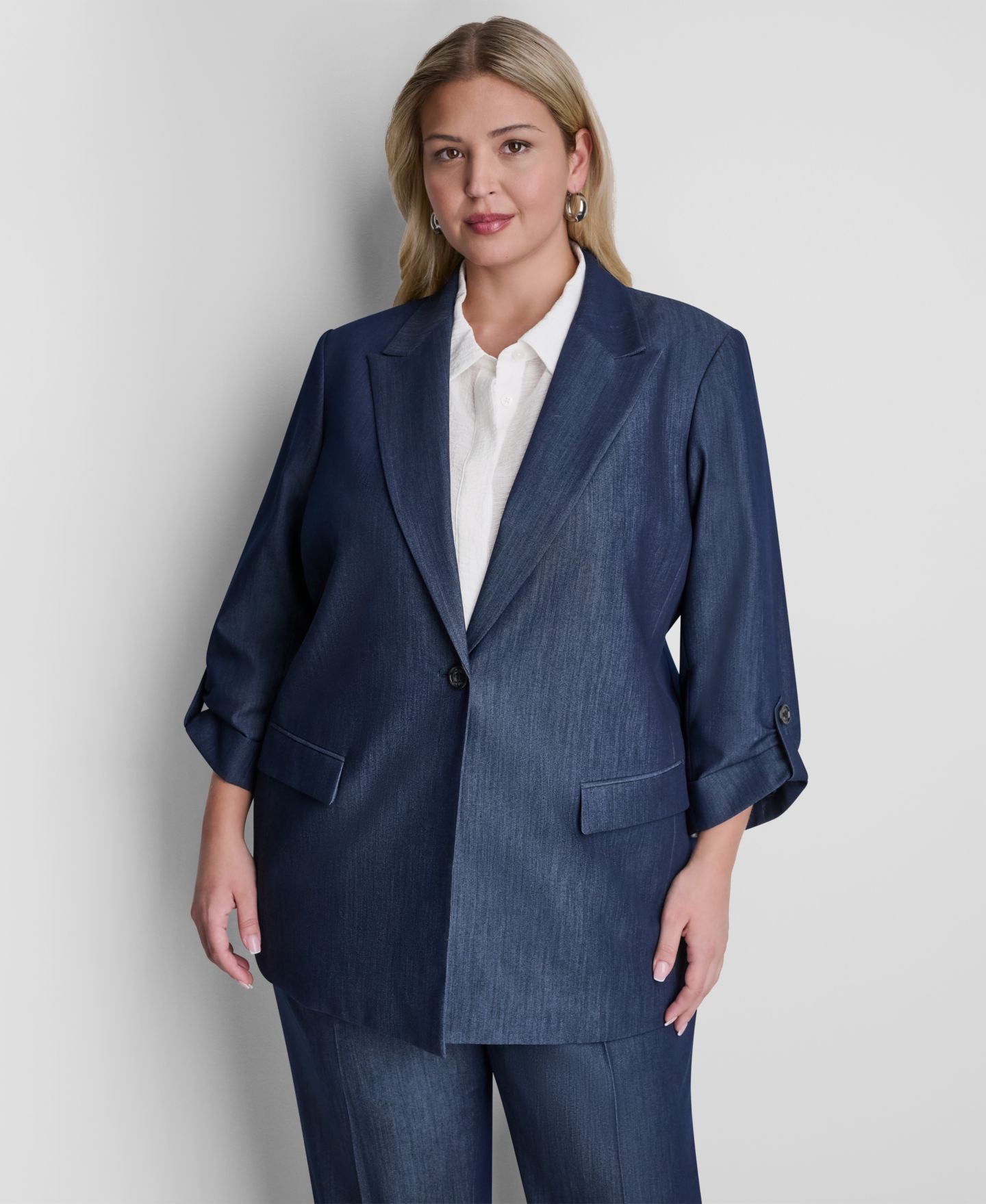 Женский пиджак DKNY Plus Size Long-Sleeve One Button Roll Cuff Blazer, цвет: Тёмный тёмно-синий — фото 1