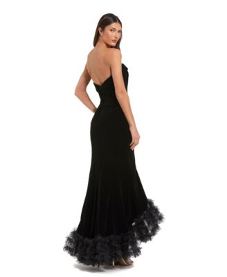 Women's Strapless Velvet Mermaid Gown with Ruffle Slit