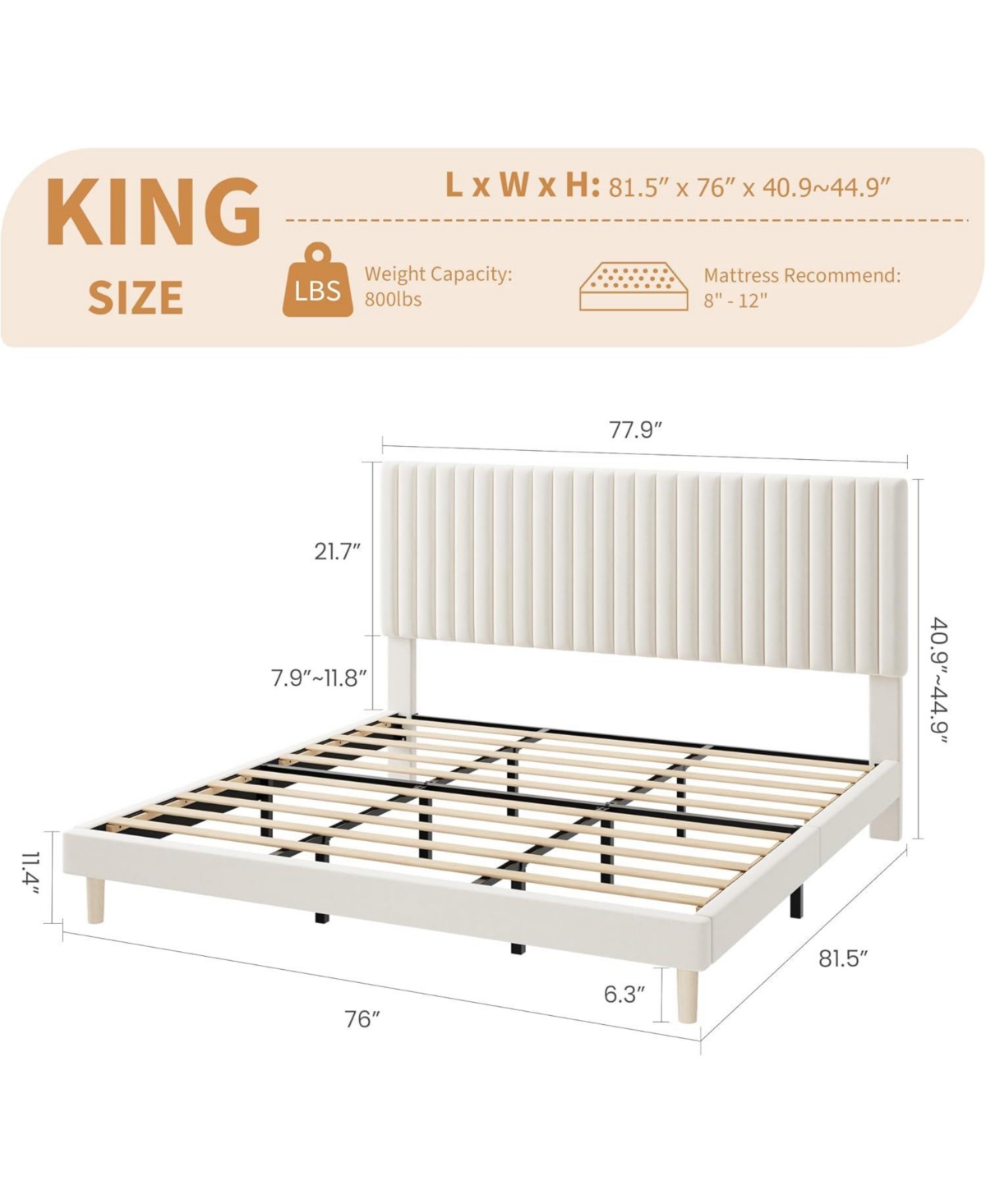 gaomon Bed Frame with Adjustable Headboard, Velvet Upholstered Platform Frame, Vertical Channel Tufted