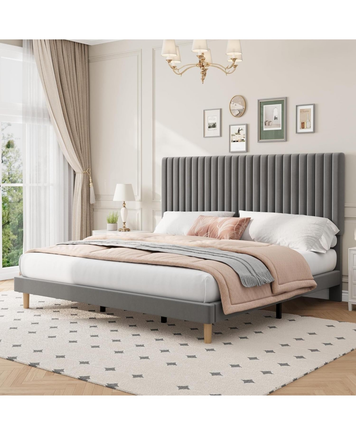 gaomon Bed Frame with Adjustable Headboard, Velvet Upholstered Platform Frame, Vertical Channel Tufted