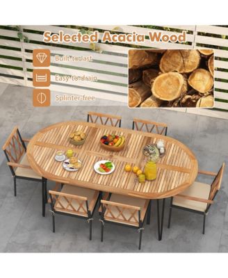 9 PCS Patio Dining Set Table w/ Acacia Wood Top and Umbrella Hole Metal Frame