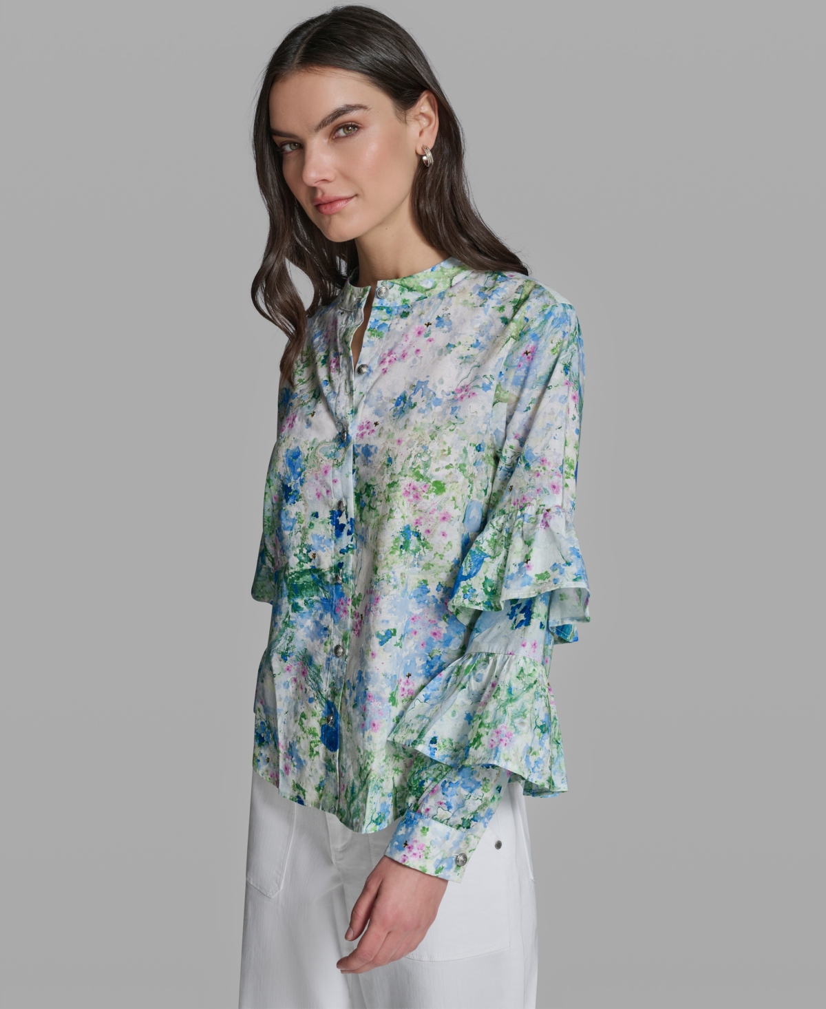 Karl Lagerfeld Paris Women's Long-Sleeve Collared Printed Shirt