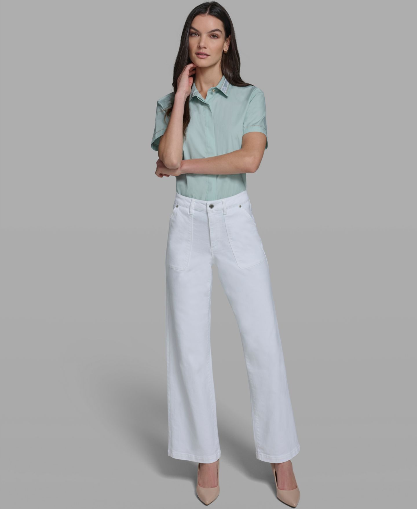 Женские джинсы KARL LAGERFELD PARIS Wide-Leg Mid-Rise Front Pocket, цвет: Белый джинсовый — фото 2