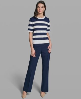 Women's Short-Sleeve Crewneck Sequin Stripe Sweater