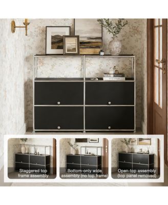 Multi-Purpose Storage Cabinet with Double Drawers and Open Display Shelf, Modern Metal Frame Console for Entryway or Living Room