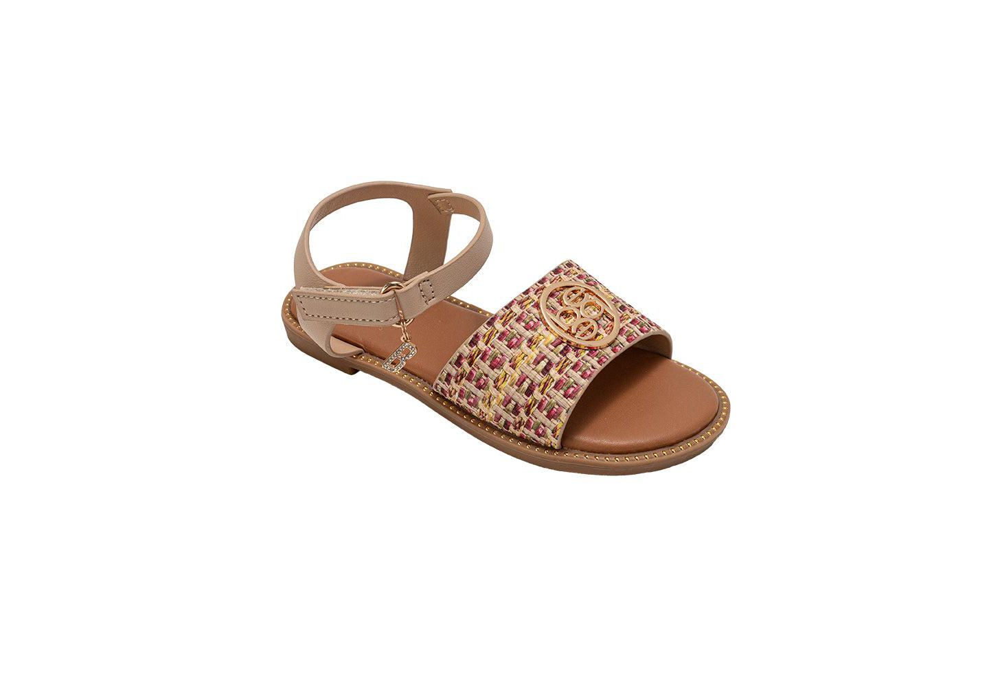 Сандалии Bebe Fashion Sandals - Dressy Shoes with Raffia Upper and Logo Medallion Accent для девочек, цвет: Рыжевато-коричневый разноцветный — фото 1
