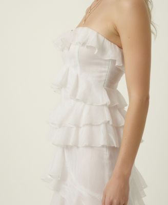 Women's Strapless Raw Edge Tiered Ruffle Maxi Dress
