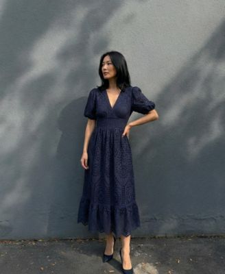 Women's Puff-Sleeve Eyelet Smocked-Waist Midi Dress