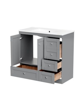 36" Shaker Bathroom Vanity with Ceramic Sink,Freestanding MDF Cabinet, Soft-Close Drawers & 2 Doors for Modern Storage