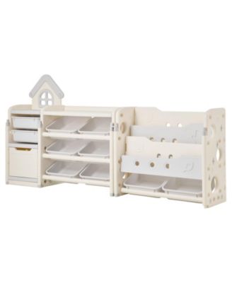 Kids Toy Storage Organizer with Bookshelf, 4-Tier Cubby Cabinet with 10 Movable Plastic Bins, Toy & Book Storage