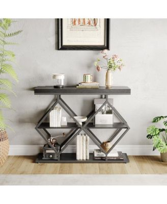 3-Tier Narrow Farmhouse Console Table for Living Room – Entryway Accent Furniture with Storage Shelves, Geometric Metal Legs, Easy Assembly
