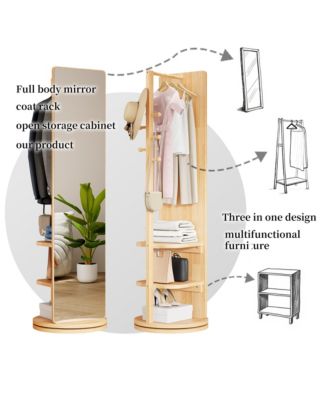 360° Rotating Full Length Mirror, Solid Wood Freestanding Coat Rack with Storage Hanger, Open Shelves for Living Room and Cloakroom