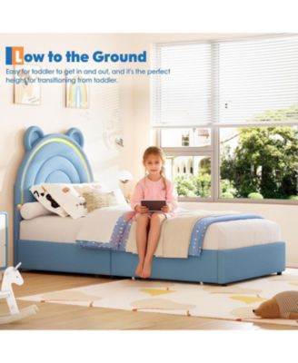 Bed Frame with 4 Storage Drawers & LED Lights, Velvet Upholstered Platform Bed with Rainbow Headboard for Kids/Boys