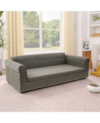 Oversized Pet Sofa, Modern Linen Fabric Elevated Dog Bed with Backrest & Armrest for Large Dogs