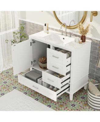 Bathroom Vanity with Ceramic Sink, Solid Pine Frame, Soft Close Drawers & Door for Small Spaces