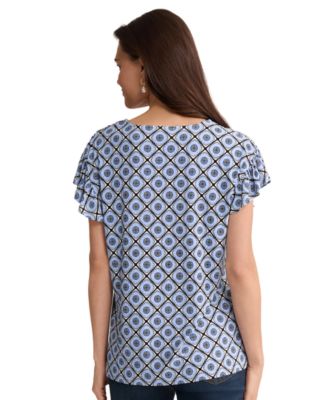 Petite Round Neck Flutter Short-Sleeve Top