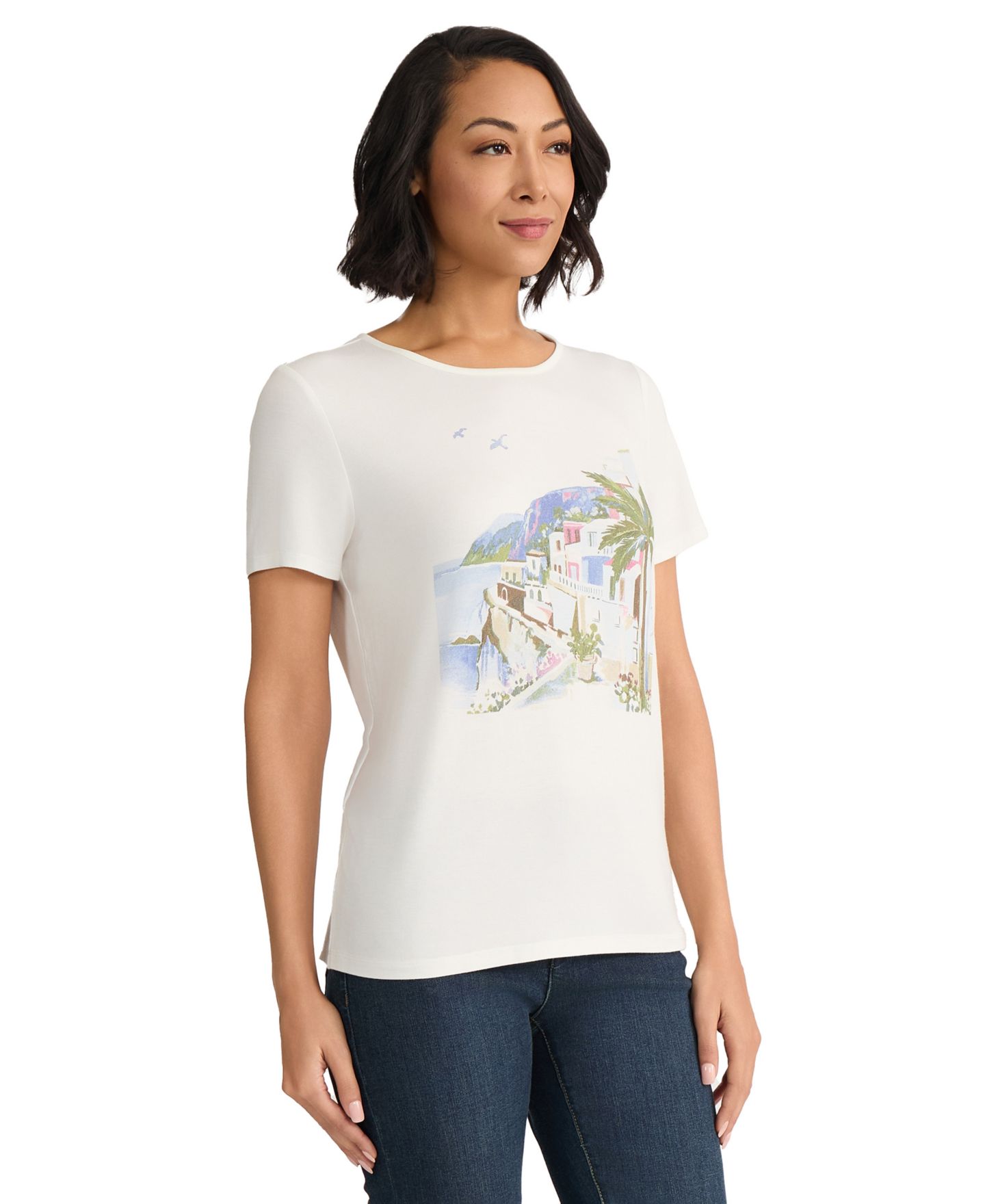 Женская футболка Jones New York Petite Crewneck Short-Sleeve Graphic, цвет: Натуральный белый — фото 2
