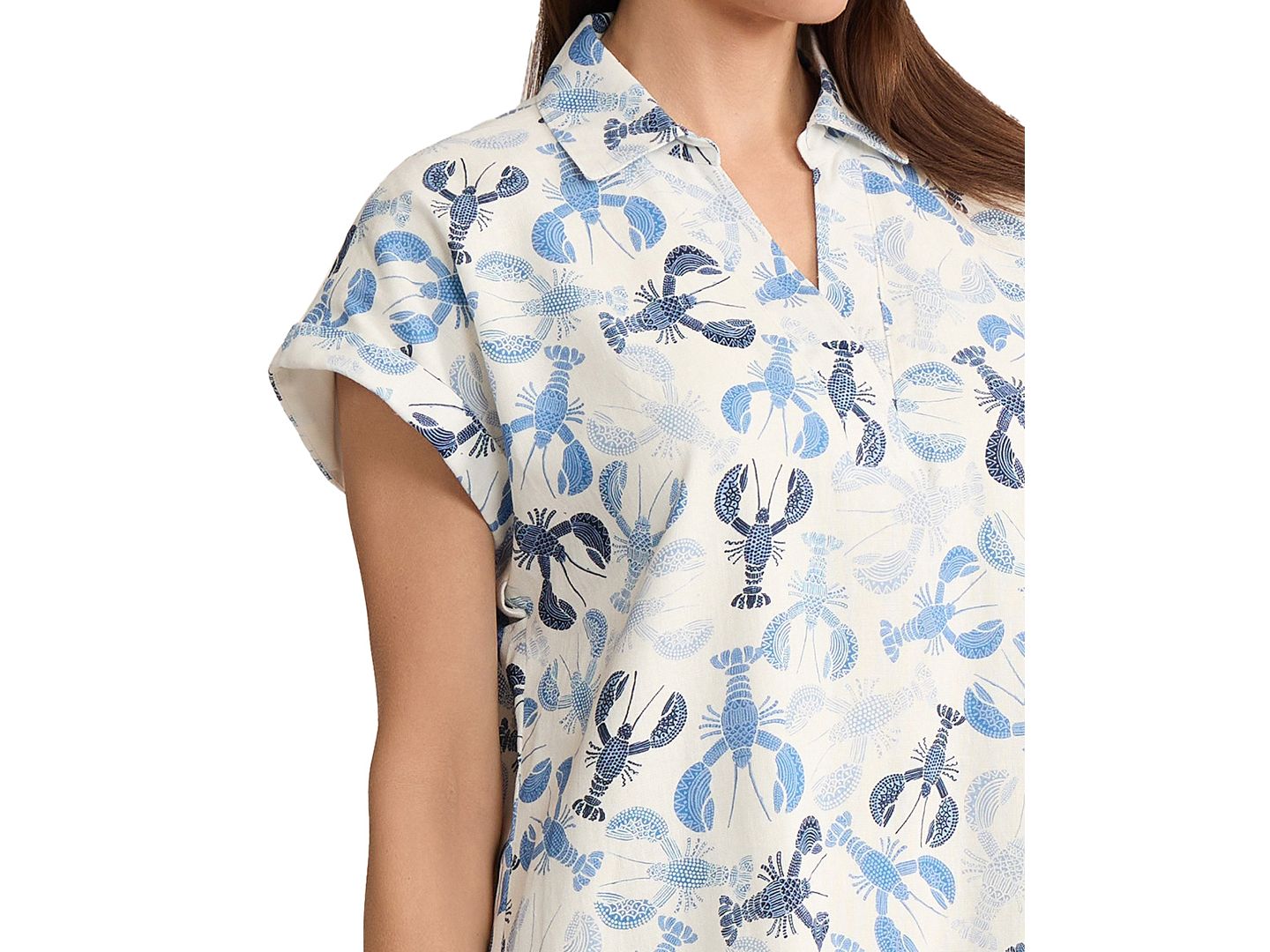 Женское платье Jones New York Collared Linen-Blend V-Neck, цвет: Натуральный белый разноцветный — фото 3